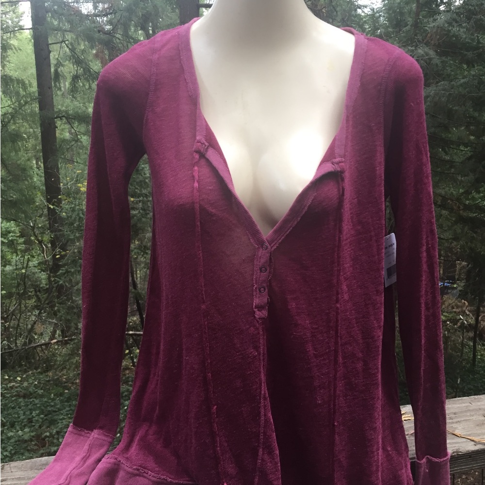 Free People loose weave mesh  distressed Henley long sleeve T shirt